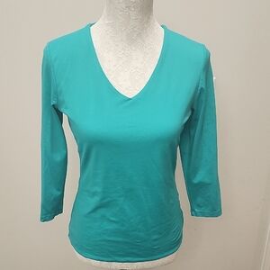 JudyP Women's Small Teal‎ V-Neck Top 3/4 Sleeve Stretch Nylon Fitted Basic